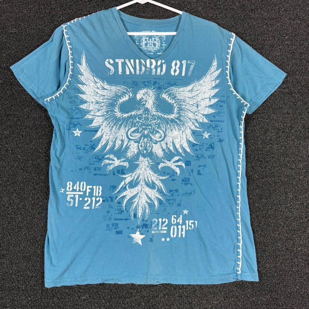 Eighty Eight V-Neck Graphic T-Shirt Men's L Blue Fleur De Lis Whipstitch Y2K